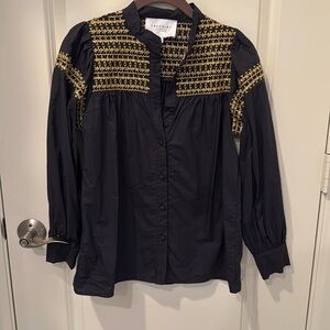 Navy Blue and Gold Trim THESHIRT Rochelle Behrens Size Small long sleeve shirt